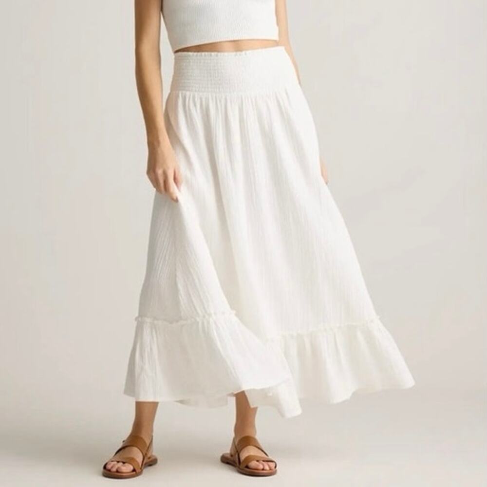Womens 100% Organic Cotton Gauze Smocked Maxi Skirt White Size S EUC!